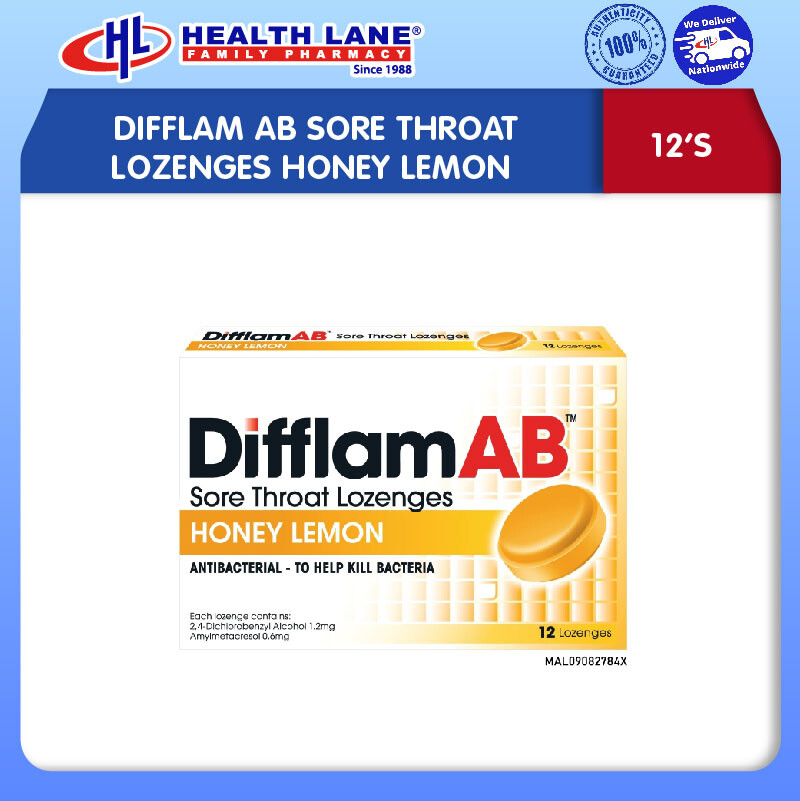 DIFFLAM AB SAKIT TEKAK LOZENGES HONEY LEMON (12'S)